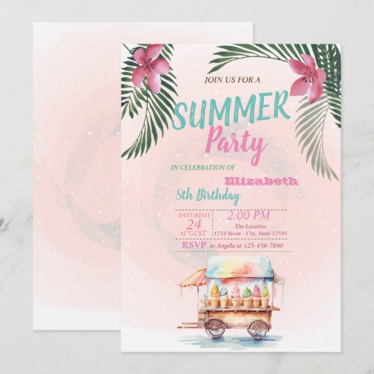 Invitation Feuille de palmier, fleurs, glaces Fête d'annivers (Devant / Derrière)
