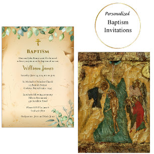 Invitation Feuille de parchemin beige vintage baptême orthodo