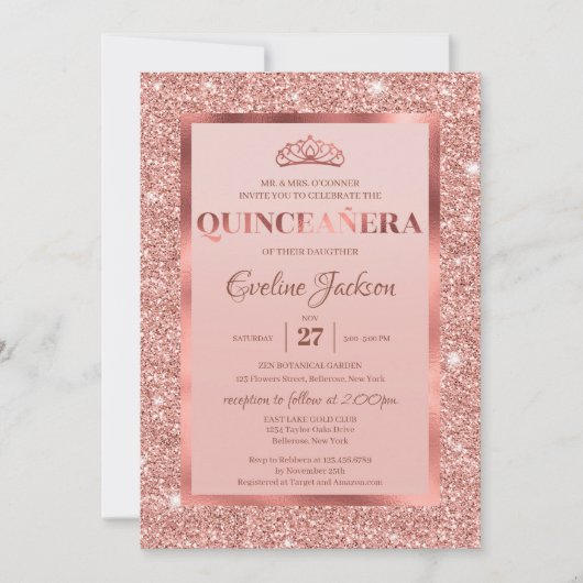 Invitation feuille de parties scintillant en or rose princess (Devant)