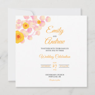 Invitation Feuille de rose jaune aquarelle carré mariage