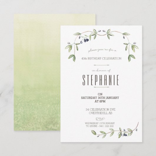 Invitation feuille de vigne à l'aquarelle olive (Devant / Derrière)
