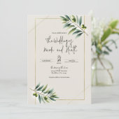 Invitation Feuille d'olive verte os blanc et or mariage rusti (Debout devant)