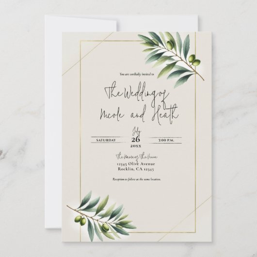 Invitation Feuille d'olive verte os blanc et or mariage rusti (Devant)