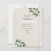 Invitation Feuille d'Olive Verte Os Blanc & Or Rustique RSVP (Devant)
