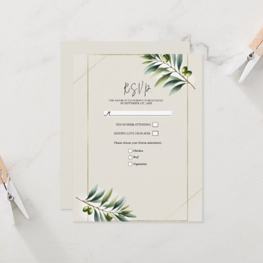 Invitation Feuille d'Olive Verte Os Blanc & Or Rustique RSVP (Devant/Arrière en situation)