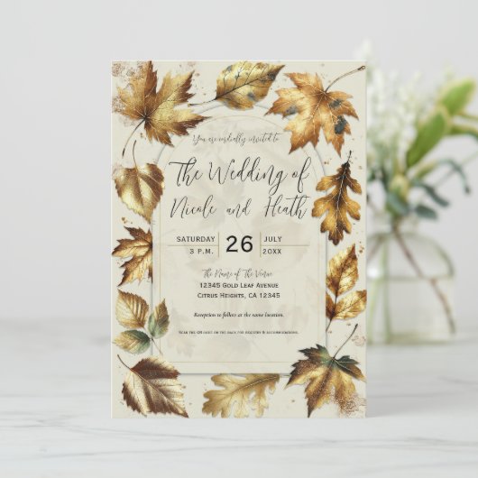 Invitation Feuille d'or crème beige Mariage de automne (Debout devant)