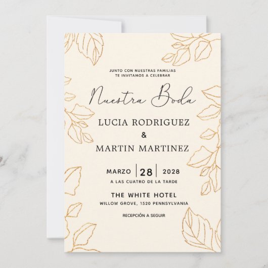 Invitation Feuille d'or élégante Crème espagnole Notre Mariag (Devant)