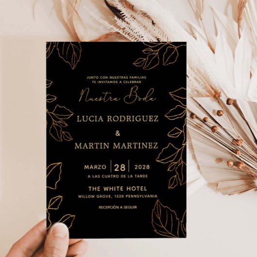 Invitation Feuille d'or espagnol Notre Mariage