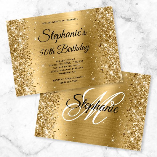 Invitation Feuille d'or et paillettes Fancy Monogramme Annive