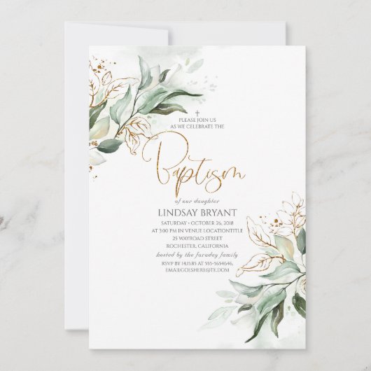 Invitation Feuille d'or Eucalyptus Vert Vert mignon Baptême (Devant)
