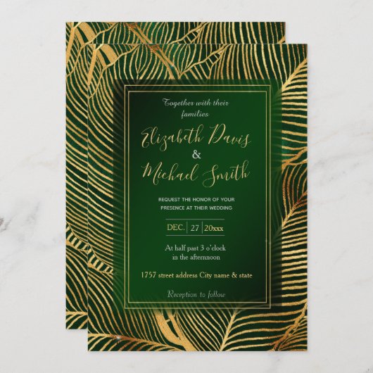 Invitation Feuille d'or Forêt verte Élégant Motif (Devant / Derrière)