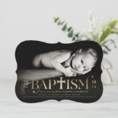 Invitation Feuille d'Or Moderne Classique Croix Gras Baptême (Debout devant)