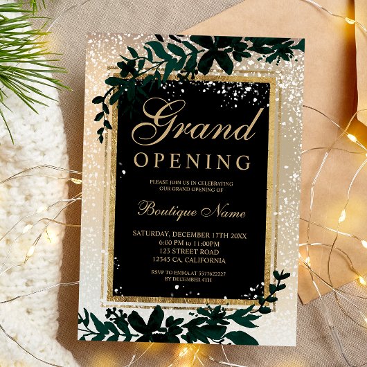Invitation feuille d'or neige élégante Noël grand ouverture