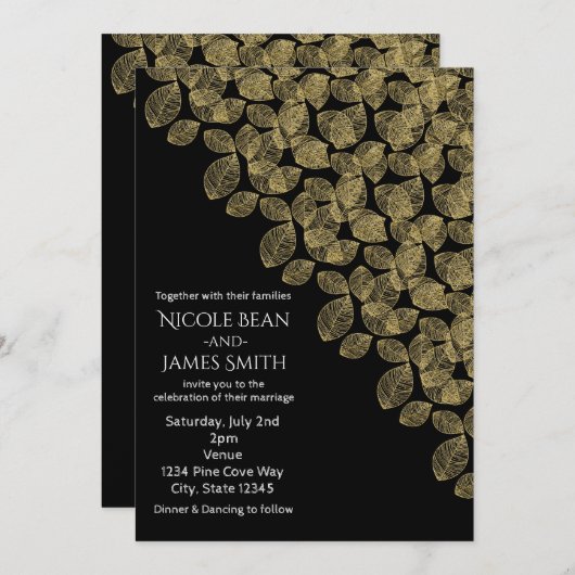 Invitation Feuille d'or Noir Automne Mariage d'élégance (Devant / Derrière)