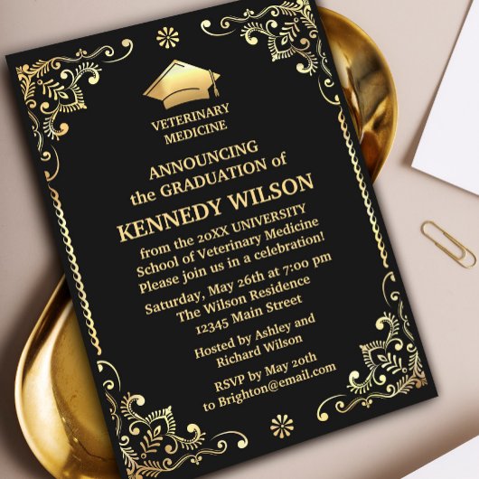 Invitation Feuille d'or noir chic Graduation
