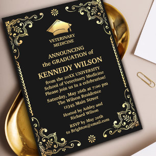 Invitation Feuille d'or noir chic Graduation
