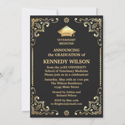 Invitation Feuille d'or noir chic Graduation (Devant)