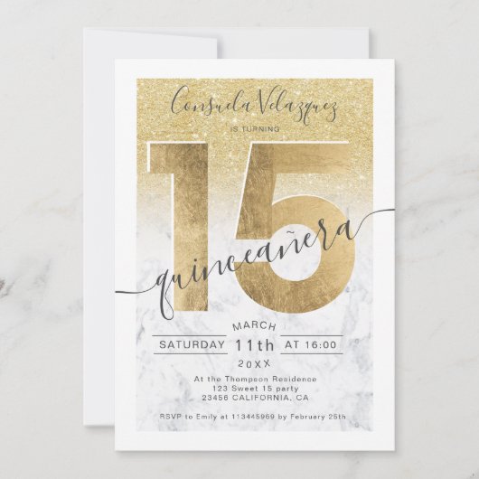 Invitation feuille d'or parties scintillant marbre chic quinc (Devant)