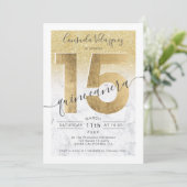 Invitation feuille d'or parties scintillant marbre chic quinc (Debout devant)