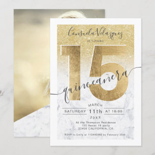 Invitation feuille d'or parties scintillant marbre chic quinc