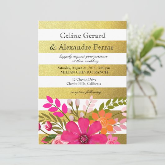 Invitation Feuille d'or rayée fleurs folkloriques mariage fuc (Debout devant)