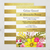 Invitation Feuille d'or rayée Folklore Fleurs Mariage jaune (Devant / Derrière)