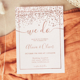 Invitation Feuille d'or rose blanc photo initiales mariage