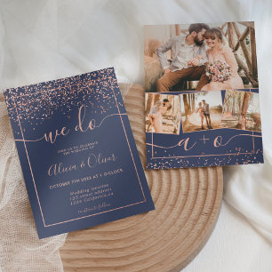 Invitation feuille d'or rose bleu marine photo initiales mari