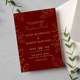 Invitation Feuille d'or rouge espagnol Notre Mariage