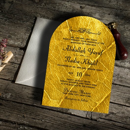 Invitation Feuille d'or texturé Mariage d'arc islamique