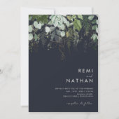 Invitation Feuille d'or verte | Dark Navy All In One QR Code (Devant)
