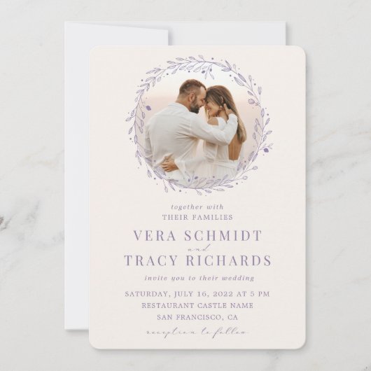 Invitation Feuille d'or violet tout en un Rsvp Mariage photo (Devant)