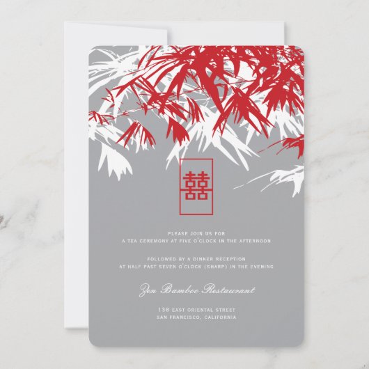 Invitation Feuille double Xi en bambou gris rouge Mariage chi (Dos)
