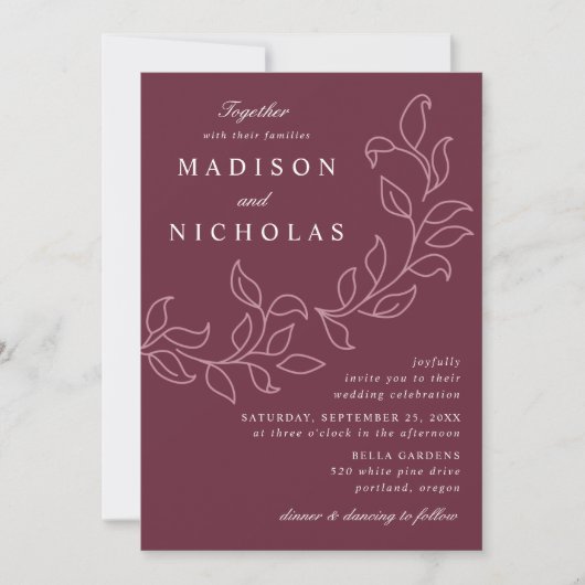 Invitation Feuille en cascade Merlot Mariage (Devant)