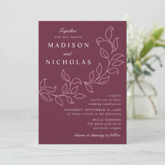 Invitation Feuille en cascade Merlot Mariage (Debout devant)