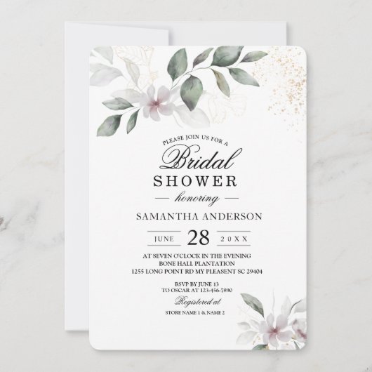 Invitation Feuille et fleur d'aquarelle de verdure douce | Or (Devant)