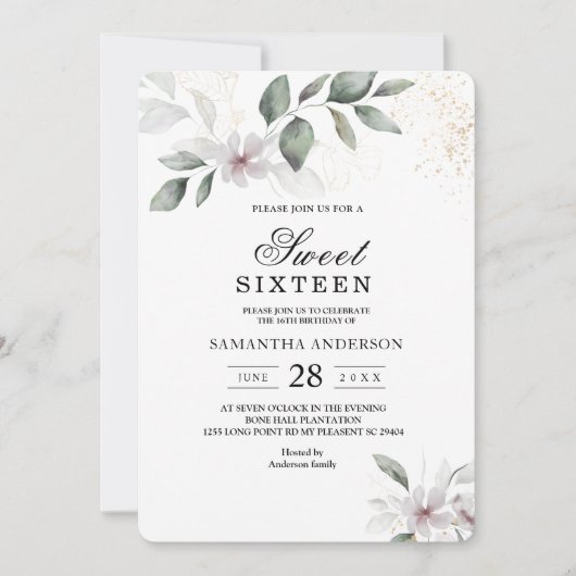 Invitation Feuille et fleur d'aquarelle de verdure douce | Or (Devant)