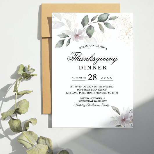 Invitation Feuille et fleur d'aquarelle de verdure douce | Or
