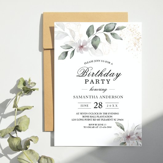 Invitation Feuille et fleur d'aquarelle de verdure douce | Or