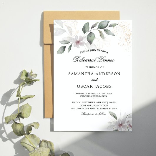 Invitation Feuille et fleur d'aquarelle de verdure douce | Or