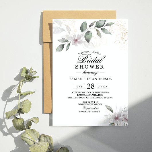 Invitation Feuille et fleur d'aquarelle de verdure douce | Or