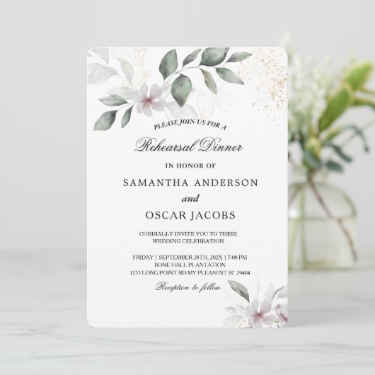 Invitation Feuille et fleur d'aquarelle de verdure douce | Or (Debout devant)