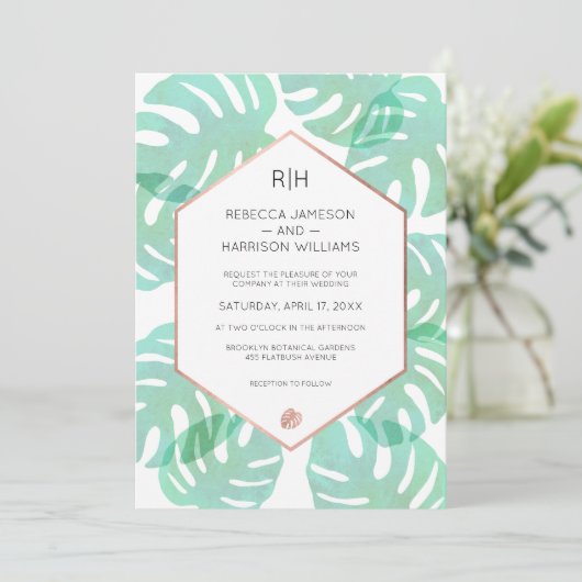 Invitation Feuille et or Rose Monstera (Debout devant)