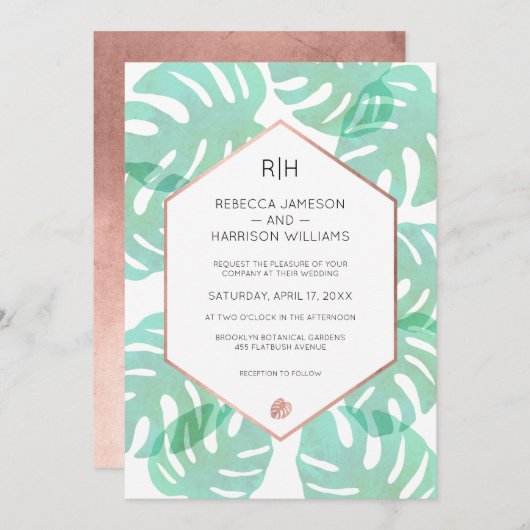 Invitation Feuille et or Rose Monstera (Devant / Derrière)