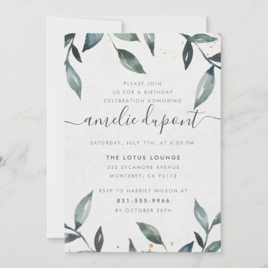 Invitation Feuille et script d'aquarelle | Fête d'anniversair (Devant)