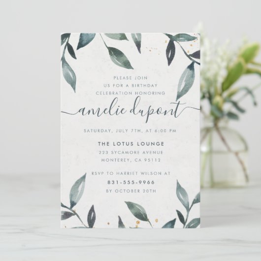 Invitation Feuille et script d'aquarelle | Fête d'anniversair (Debout devant)