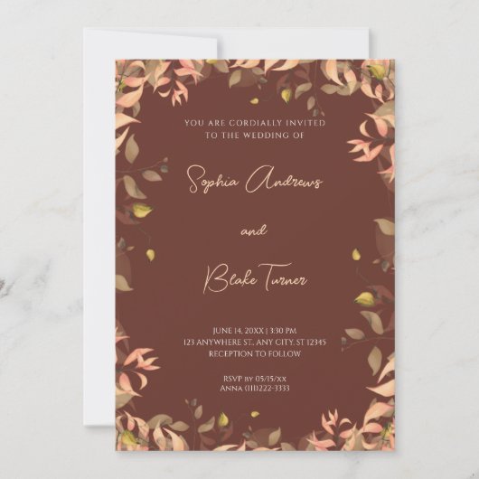 Invitation Feuille Floral orange et vert Brown Mariage (Devant)