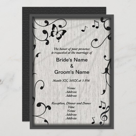 Invitation Feuille  gris et noir Mariage de bois (Devant / Derrière)