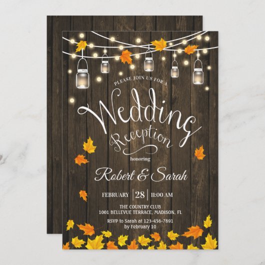 Invitation Feuille Lumières Bois Automne Rustique Mariage Réc (Devant / Derrière)
