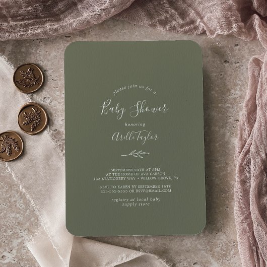 Invitation Feuille minimale | Baby shower vert foncé